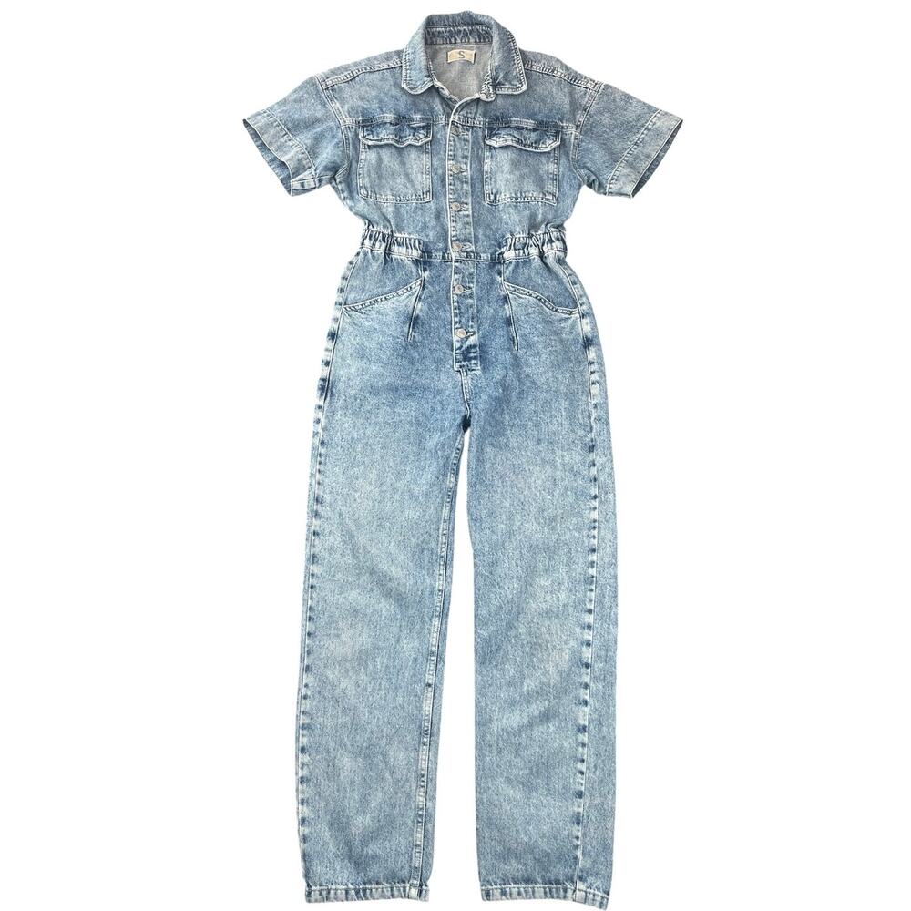 Free People We The Free Denim Jumpsuit Size S Acid Wash Utility Coverall
